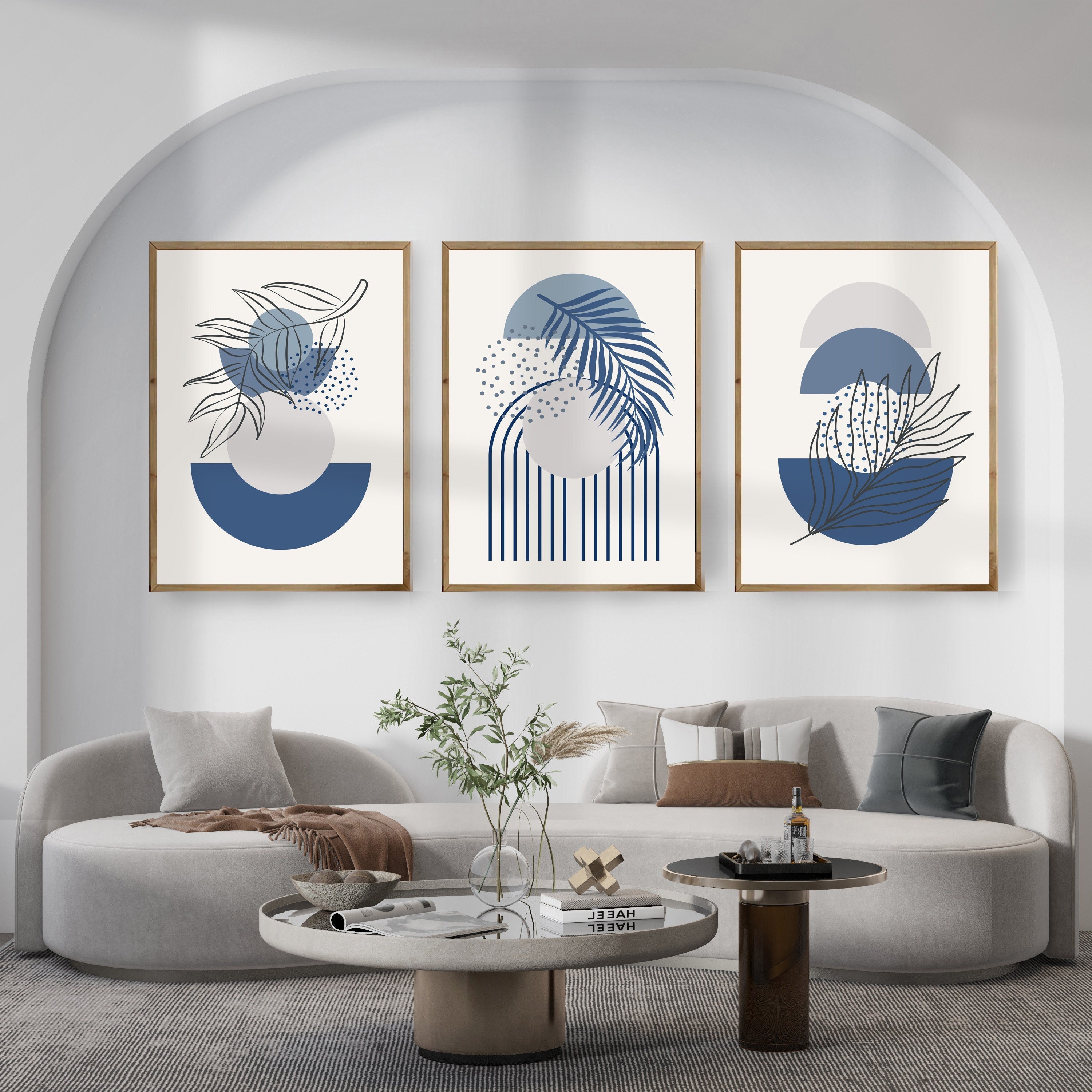 Mid Century Modern Wall Art Set of 3 Prints, Abstract Decor in Blue for ...