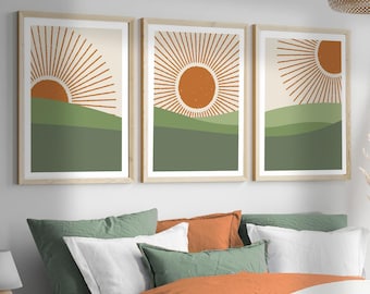Retro zon posters | Boho Zonne Kunstset | Zonneprints uit het midden van de eeuw | minimalistische zon | vintage zon kunst