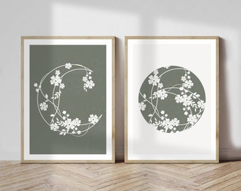 Conjunto de 2 estrellas de luna de sol impresas en verde salvia, arte de sol y luna con flores, arte de dormitorio boho, arte de dormitorio