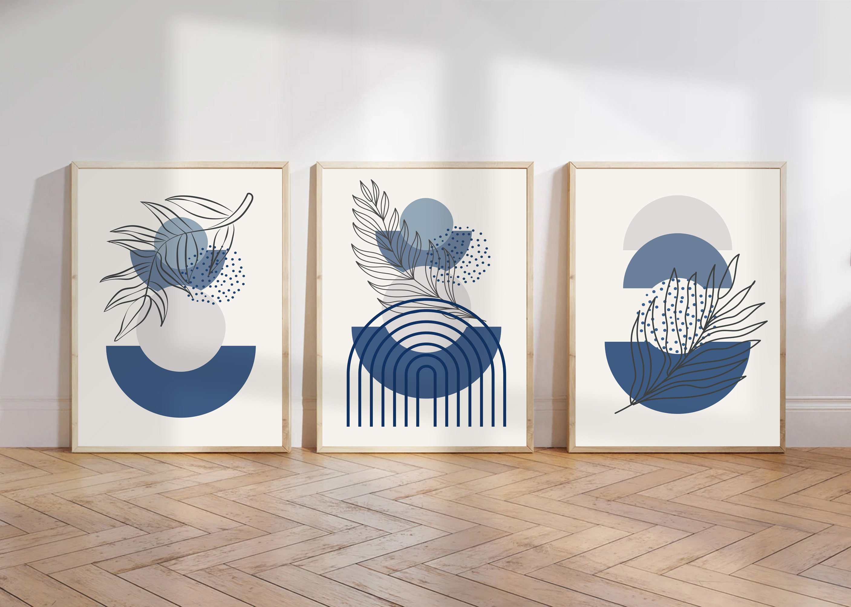 Mid Century Modern Wall Art Set of 3 Blue Prints, Abstract Decor in ...