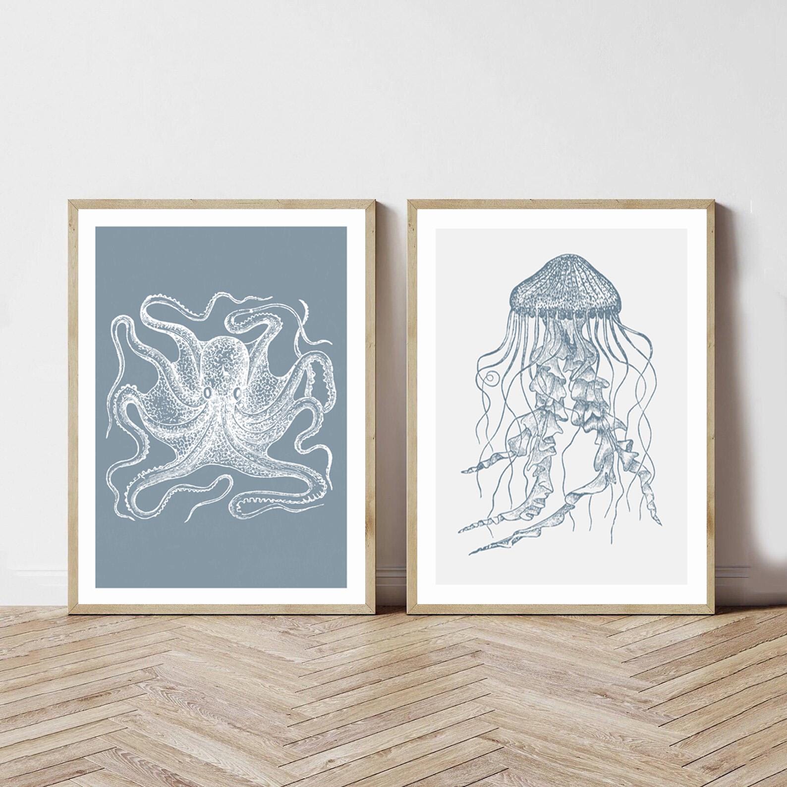 深海魚とクラゲのアート |レトロな海洋生物学イラスト |海洋生物