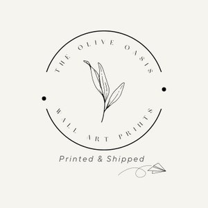May include: Black and white logo for The Olive Oasis Wall Art Prints. The logo features a circle with the text "The Olive Oasis Wall Art Prints" around the edge. Inside the circle is a simple line drawing of an olive branch.