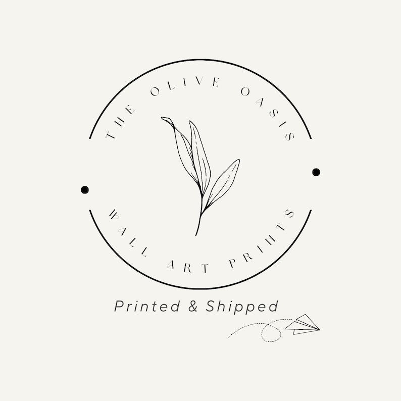 May include: Black and white logo for The Olive Oasis Wall Art Prints. The logo features a circle with the text "The Olive Oasis Wall Art Prints" around the edge. Inside the circle is a simple line drawing of an olive branch.
