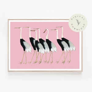 Flock of Japanese red crowned cranes, inspired by Ogata Korin, nursery decor, Danish pastel art, candy pink wall decor, dorm room wall art