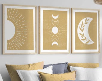 Golden sun and moon prints | Astrology home decor | Lunar cycle artwork | Celestial boho set | Spiritual mystical cosmic art | moon nursery