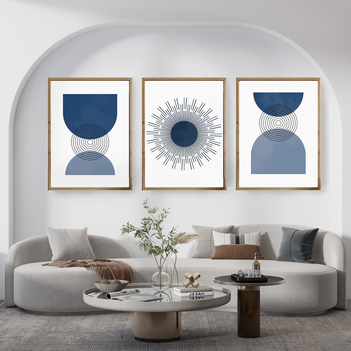 Set of 3 Mid-century Modern Art Prints in Navy Blue | Wall Art With ...