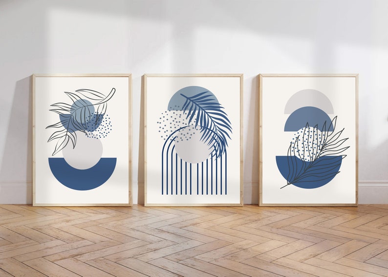 Mid Century Modern Wall Art Set of 3 Prints, Abstract Decor in Blue for ...