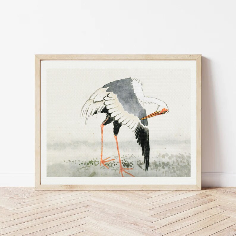 Vintage bird print neutral nursery decor Vintage stork drawing DIGITAL art French country art Neutral wall art japanese drawing image 3