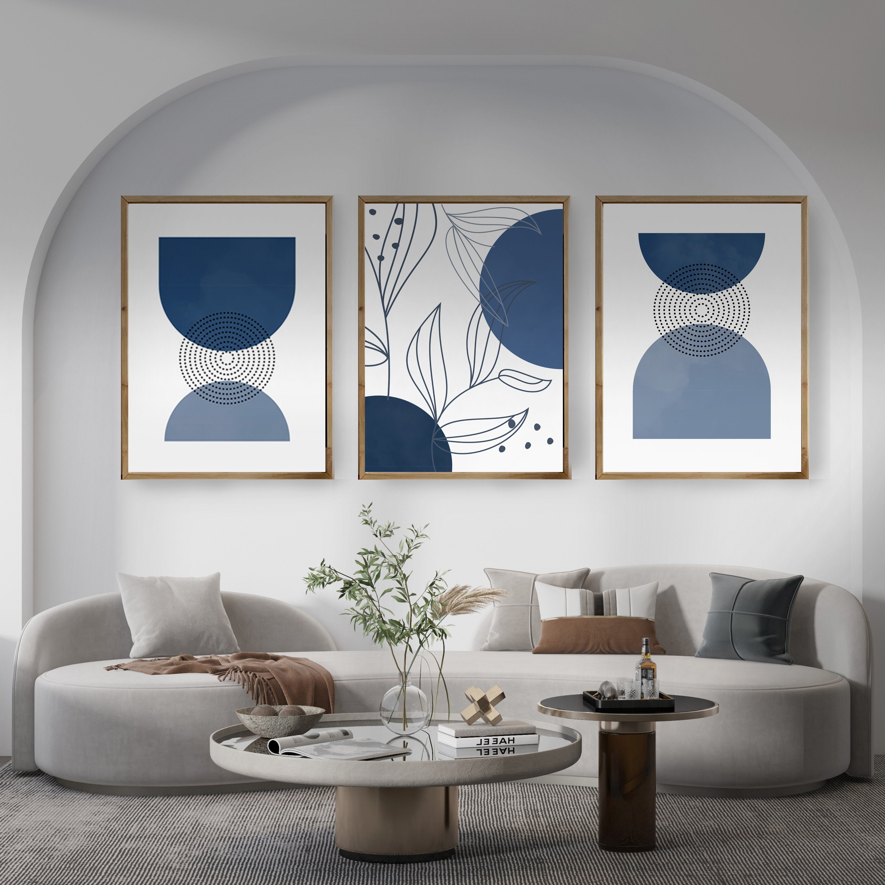 Set of 3 Botanical Mid-century Modern Art Prints in Navy Blue | Boho ...