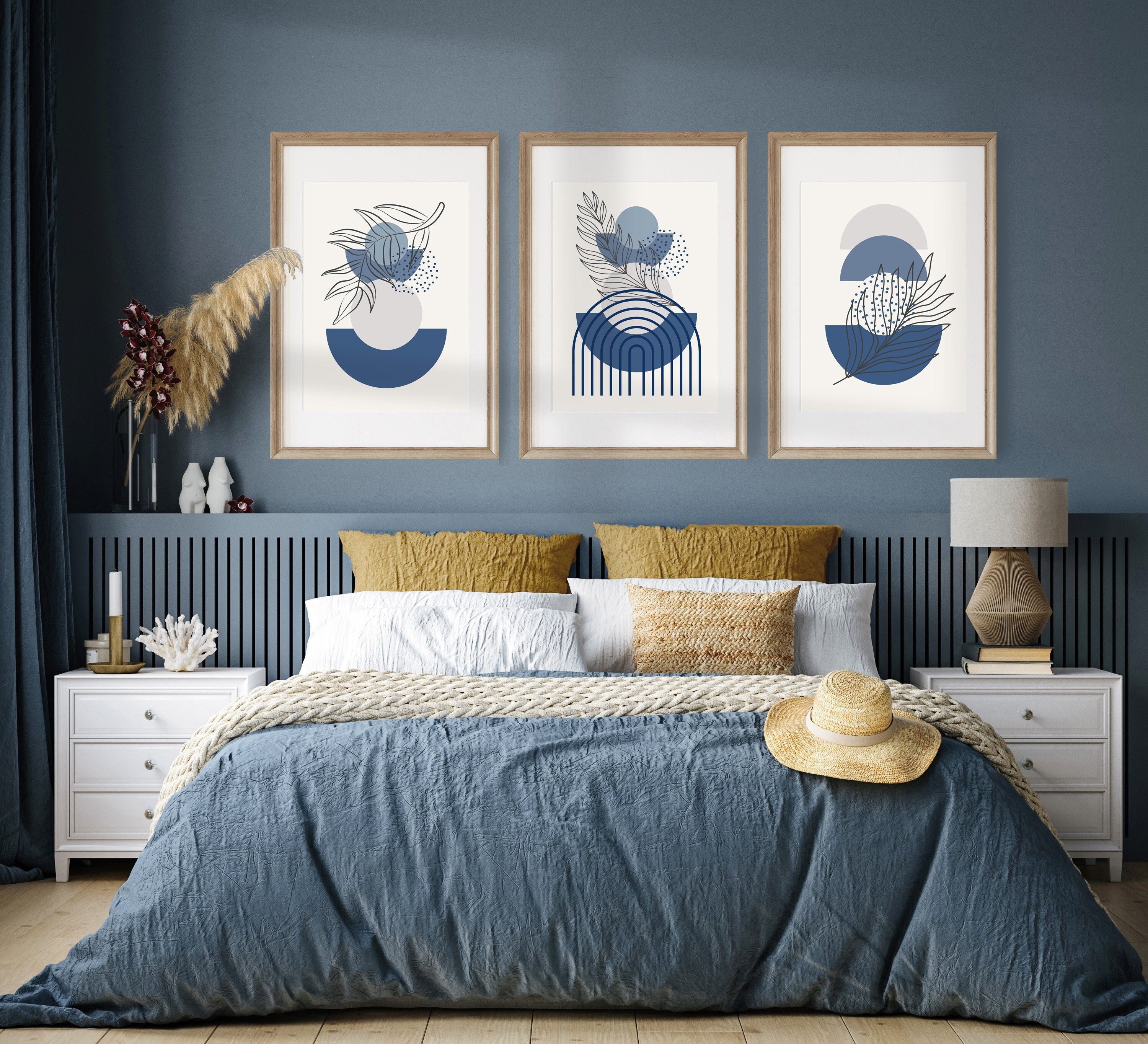 Mid Century Modern Wall Art Set of 3 Blue Prints, Abstract Decor in ...