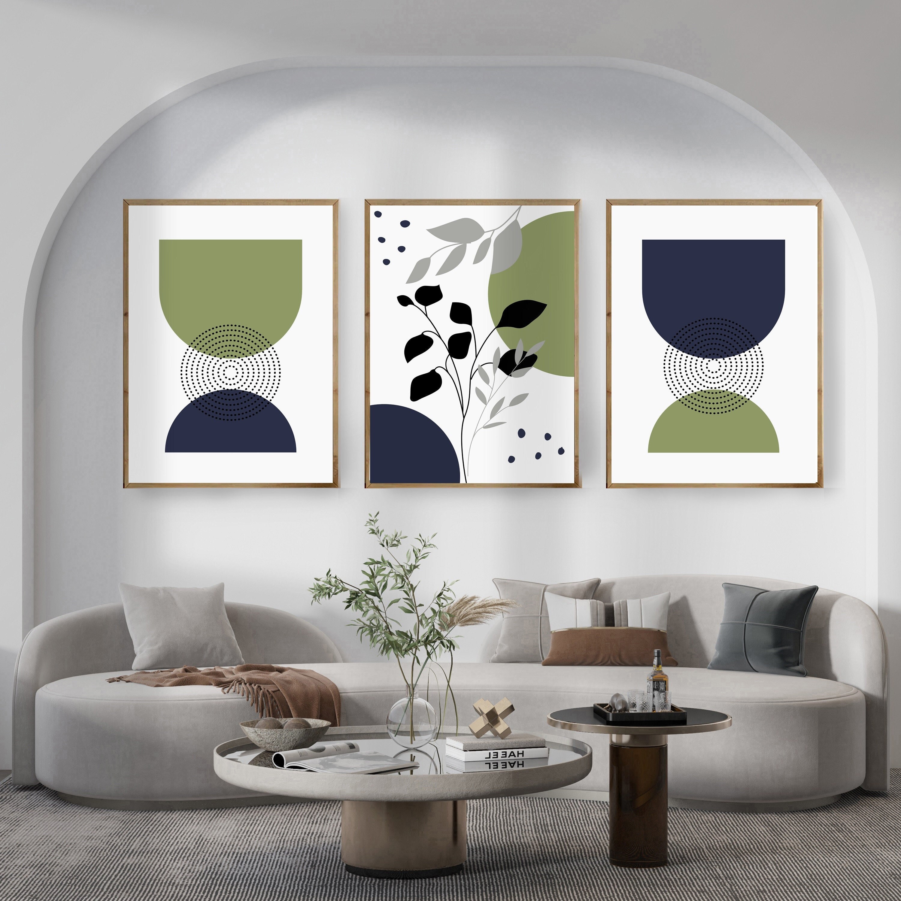 Set of 3 Mid-century Modern Botanical Art Prints in Navy Blue and Green ...