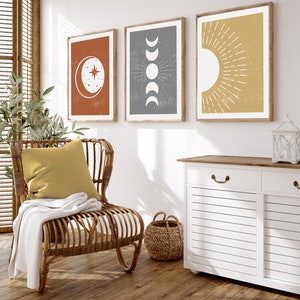 Set of 3 Boho Sun and Moon Prints, Celestial Colorful Art, Above Bed ...