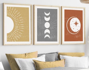 Boho celestial wall art | Sun and moon print set | Minimalist astrology decor | Lunar phase poster | Mystical sun artwork | Bohemian decor