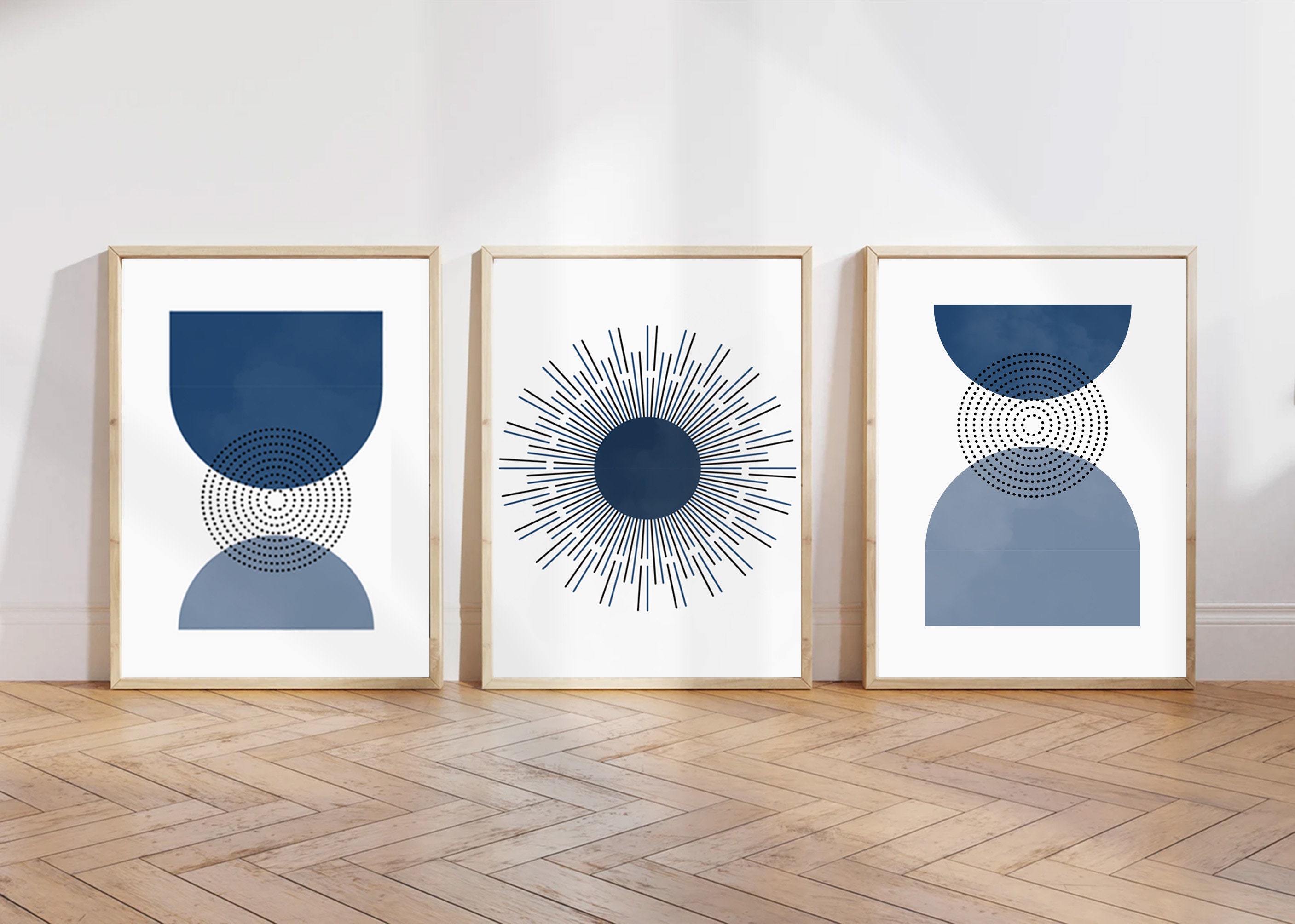 Set of 3 Mid-century Modern Art Prints in Navy Blue | Wall Art