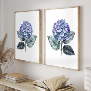 Hortensia-impressies | Minimalistische aquarelmuurdecoratie | Set van 2 botanische prints | Moderne inrichting | digitale bloemsierkunst
