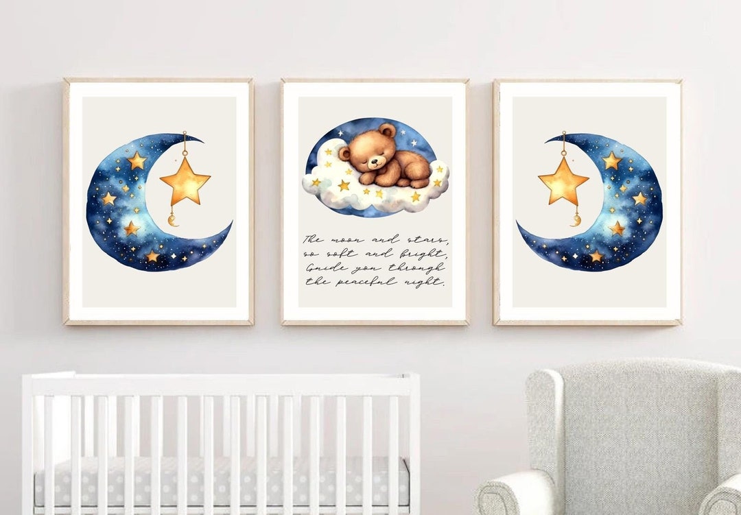 Digital Nursery Art With Night Sky | Moon and Teddy | Set of 3 Nursery ...