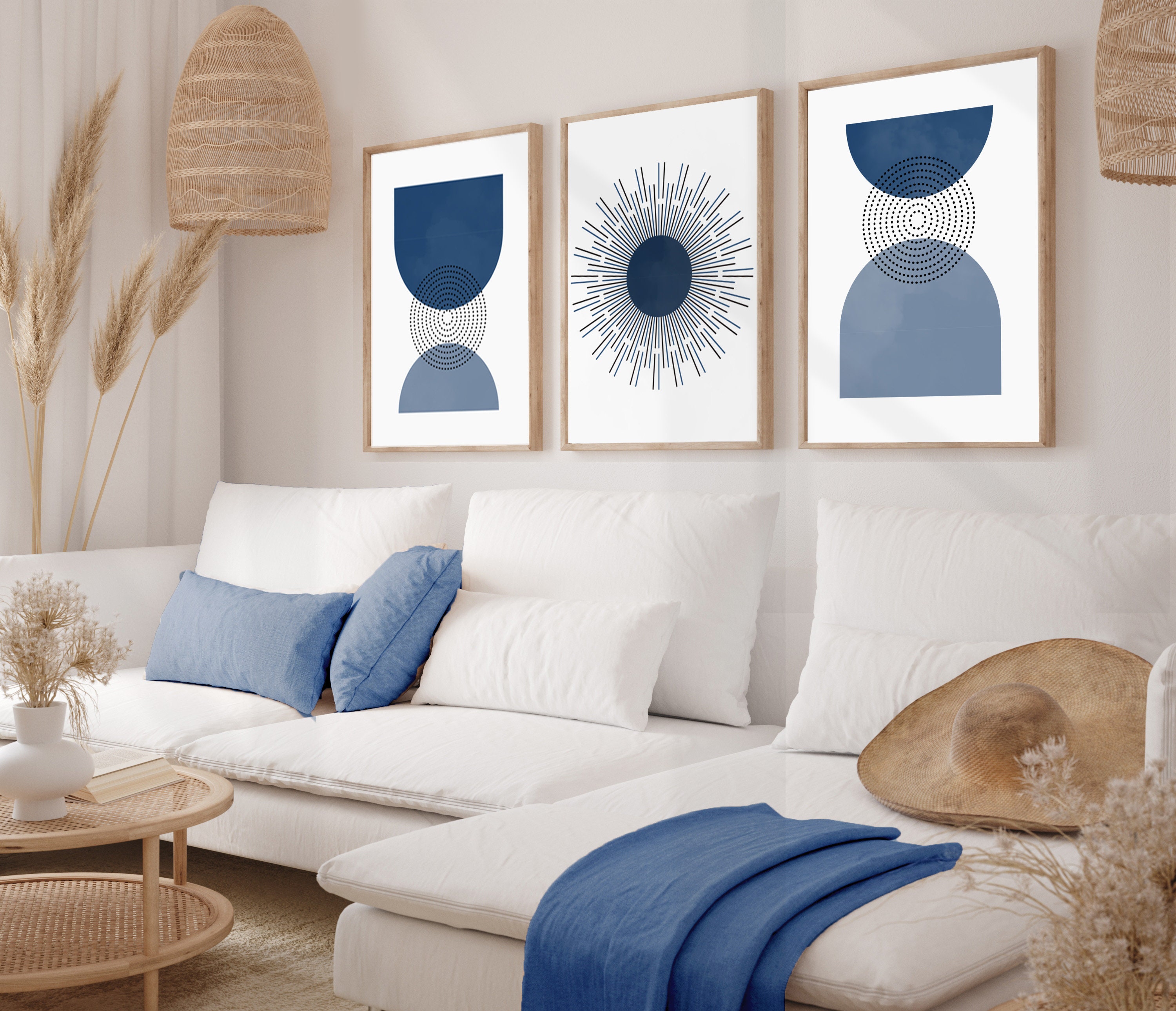 Set of 3 Mid-century Modern Art Prints in Navy Blue | Wall Art With ...