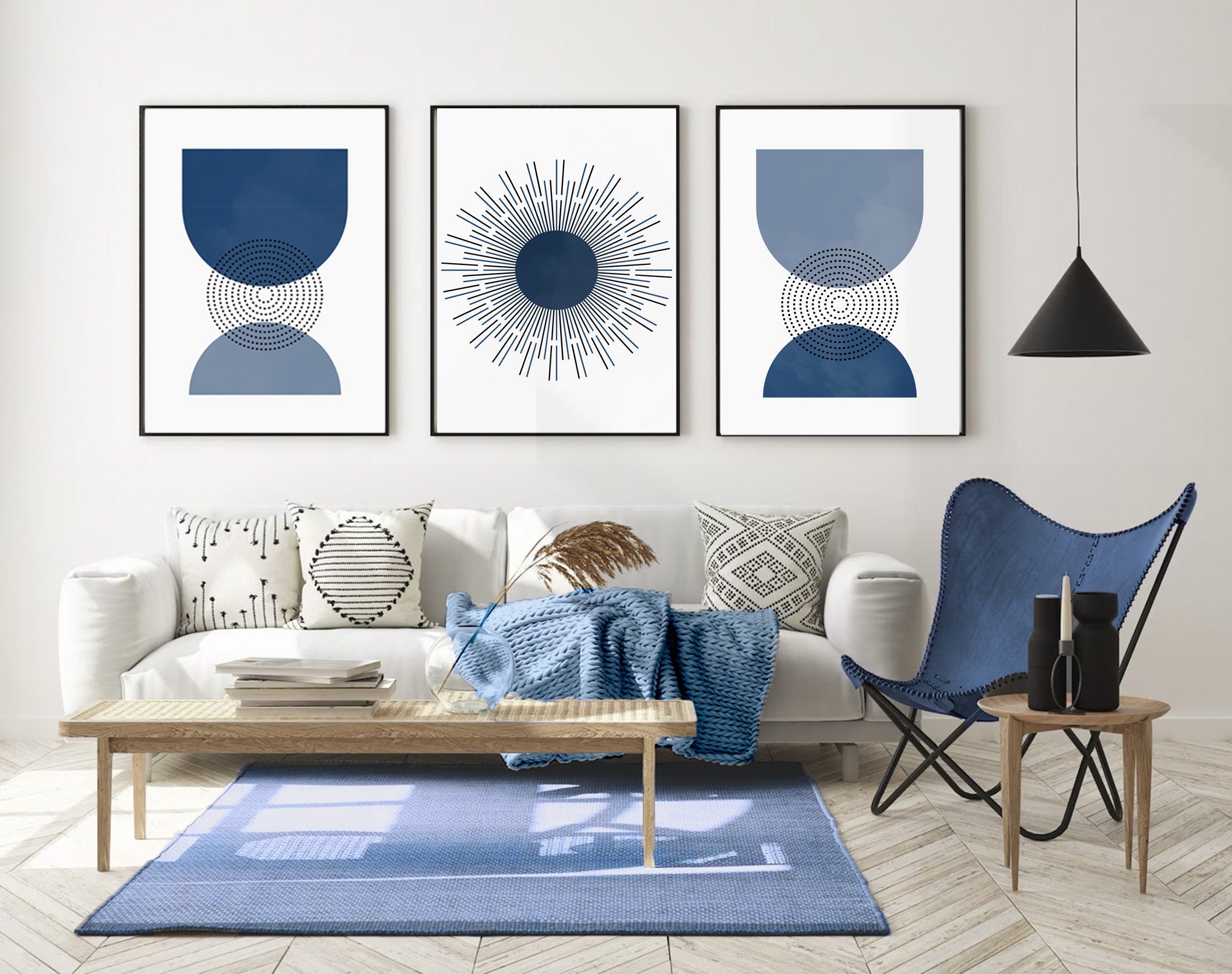 Set of 3 Mid-century Modern Art Prints in Navy Blue | Wall Art With ...