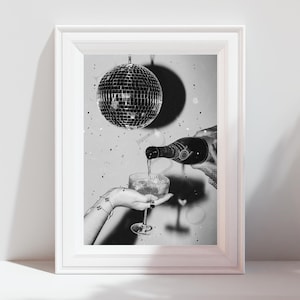 Black and White Bar Cart Print | Glitter Disco Ball Decor | Classy Champagne Print | Bar Cart Art | Aesthetic Wall Art | Digital Download