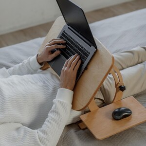 Laptop Desk for Reclined Work in Bed, Adjustable Wooden Table with Mouse Tray