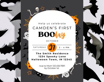 May include: A black and white Halloween party invitation with bats, ghosts, and spiders. The invitation reads "Help us celebrate Camden's First Boo Day" and includes the date "October 21" and the time "2-4 PM".