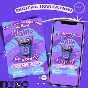 Puede incluir: Una invitación digital morada y azul para una fiesta de cumpleaños número 8. La invitación presenta un personaje de dibujos animados de la película "Los Pitufos" y el texto "¡Prepárense para bailar con los Pitufos! Hallie cumple 8 años. ¡Vamos a festejar! 8 de agosto 8 PM. 888 Gold Ave Gazillion, GG 28. RSVP 314777143888."