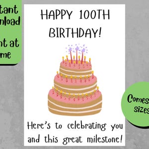 Printable 100th Birthday Card - Centenarian Birthday - Instant Download