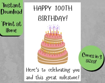 Printable 100th Birthday Card - Centenarian Birthday - Instant Download