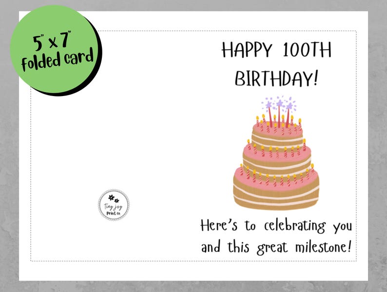 Printable 100th Birthday Card Centenarian Birthday Instant Download - Etsy