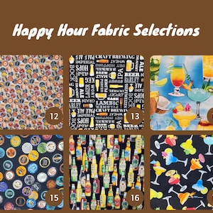 May include: Nine fabric swatches with different designs related to the theme of happy hour. The swatches feature beer bottle caps, beer labels, and tropical drinks. The swatches are numbered 12 through 17.