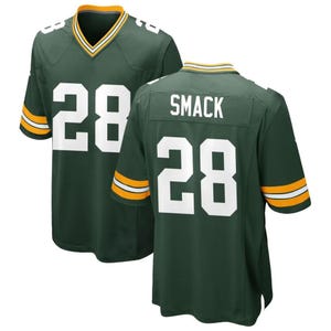 May include: A dark green jersey featuring the number 28 in white on the front and back, with yellow and white stripes on the sleeves and collar. The back displays the name SMACK above the number 28 in white block lettering on a dark green panel.