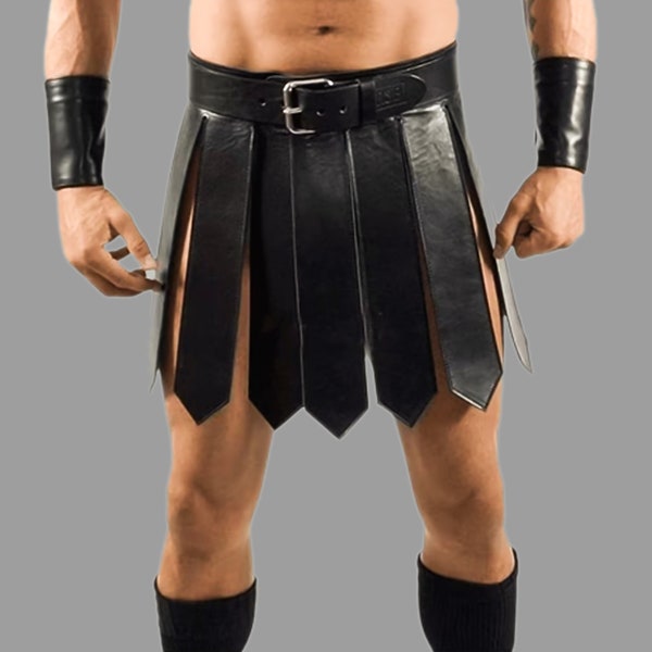 Handmade Leather Kilt Men - Real Leather Roman Gladiator Club Wear Kilt Set for Man, Leather Hazel