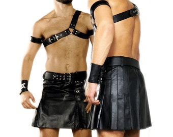 Genuine Leather Kilt With Stainless Steel Hardware Available in multiple custom colors With Harness Top | Leather Hazel