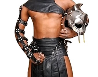 Genuine Black Leather Men's Roman Gladiator Kilt, Steampunk Kilt For Men, Men Leather Kilt Party Costume Gay Kilt, Men Leather Kilt