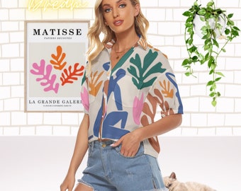 Auffallende Matisse Cut Paper Fine Art Bluse All-Over Print Damen V-Ausschnitt Shirts