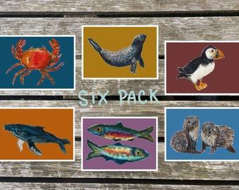 Scottish Marine Animal Oil Pastel A6 Postcard Prints | Set of six.