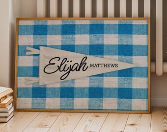 Personalized Pennant Name Print, Blue Custom Kids Room Decor, Vintage Nursery Art, Digital Download for Baby Names