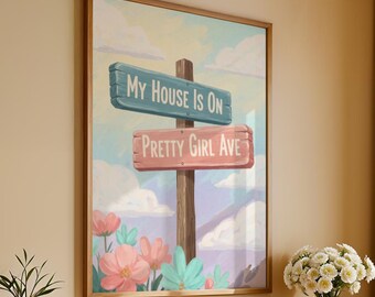 Watercolour Pretty Girl Avenue Poster, Pink Aesthetic Wall Art, Cute Typography Decor, Minimalist Dorm Room Print, Trendy Bedroom Wall Decor