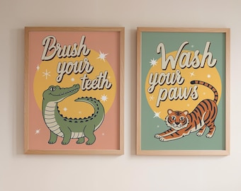 Waschen Sie Ihre Pfoten Tiger Wandkunst, buntes Badezimmerdekor, lustiger Tierdruck, schrullige Hauswandkunst, gedruckt und versandt