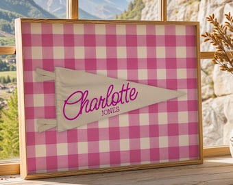 Personalized Pennant Name Sign Print, Custom Vintage Nursery Decor, Kids Room Wall Art, Personalized Banner, Pink Pennant, Digital Download