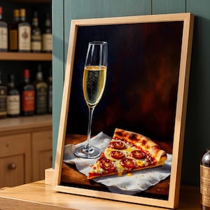 Pizza Wall Art, Champagne Decor, Funny Kitchen Print, Cocktail Art, Foodie Gift, Whimsical Home Decor, Digital Download