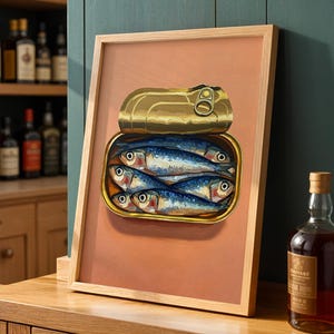 Sardinen Druck, Vintage Küche Dekor, Sardinen Dose Wandkunst, Retro Food Poster, Trendy Seafood Art, Esszimmer, digitaler Download