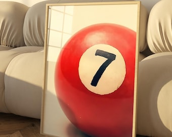 Lucky Number 7 Ball Wall Art, Boho Minimalist Prints, Modern Retro Art, Digital Download for Home Decor