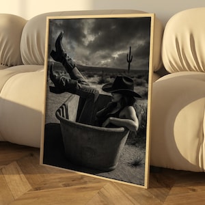 Cowgirl in Bathtub Wall Art, Fun Bathroom Print, Western Decor, Digital Download for Quirky Home Aesthetic