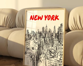 New York City Skyline Print | Black & White NYC Wall Art | Manhattan Urban Sketch | New York Travel Poster | Minimalist NYC Decor