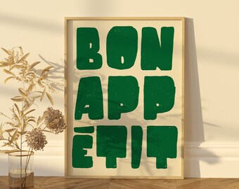Bon Appetit Poster, Mid Century Typography Print, French Quote Poster ...