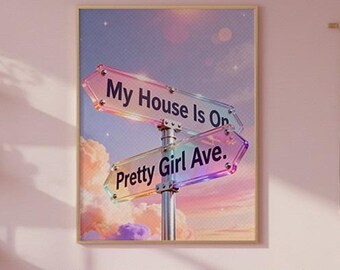 Y2K Pretty Girl Avenue Poster, Pink Aesthetic Wall Art, Cute Typography Decor, Minimalist Dorm Room Print, Trendy Bedroom Wall Decor