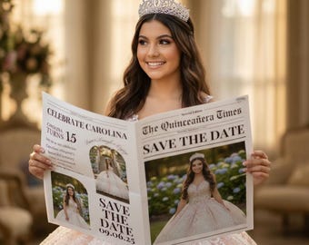 Quinceanera Newspaper Printed, Custom Save the Date Announcement, Birthday Party Decor, Unique Gift Ideas Printed & Shipped