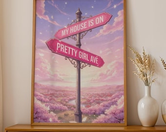 Pretty Girl Avenue Anime Poster, Pink Aesthetic Wall Art, Cute Typography Decor, Minimalist Dorm Room Print, Trendy Bedroom Wall Decor