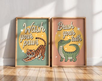 Waschen Sie Ihre Pfoten Tiger Wandkunst, bunte Badezimmerdekoration, lustiger Tierdruck, schrullige Hauswandkunst, digitaler Download